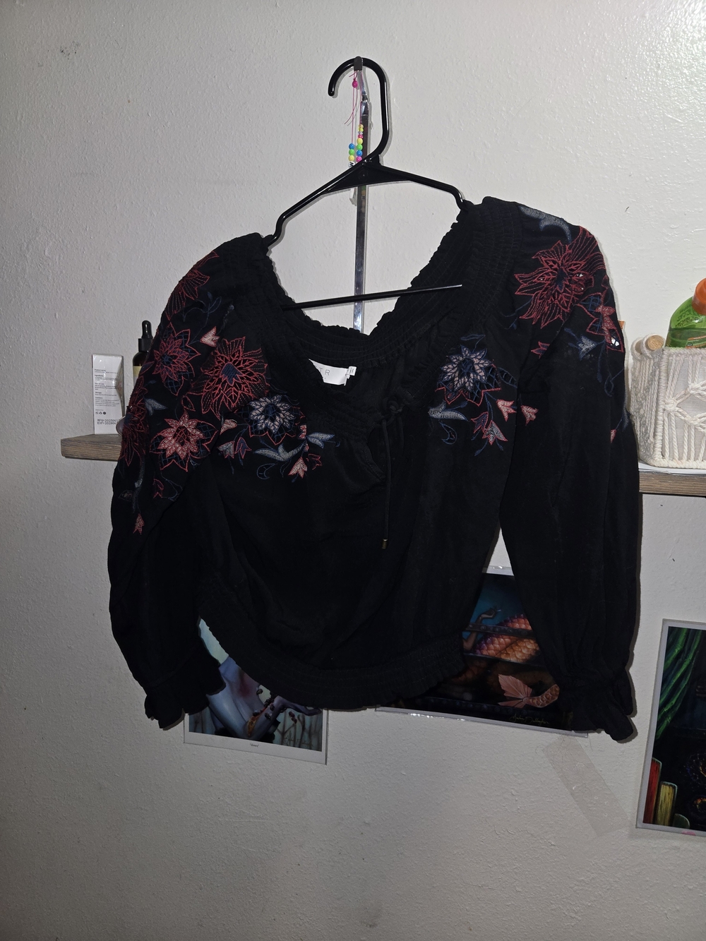Black Embroidered Puff-Sleeve Blouse with Floral Detail